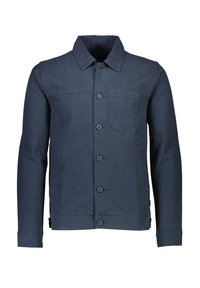 Navyblauwe jack van katoen, met een knoopsluiting, een borstzak en zijzakken; klassieke kraag en lange mouwen.