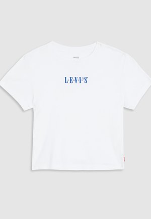 White cropped T-shirt featuring blue "LEVI'S" logo, short sleeves, crew neck, and soft cotton fabric with subtle stretch.