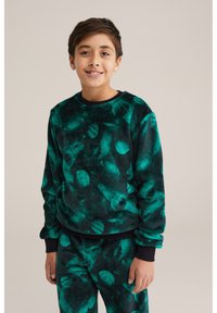 Hanorac din fleece verde și negru cu o textură modelată, guler rotund și manșete ribbate. Asortat cu pantaloni care au același design.