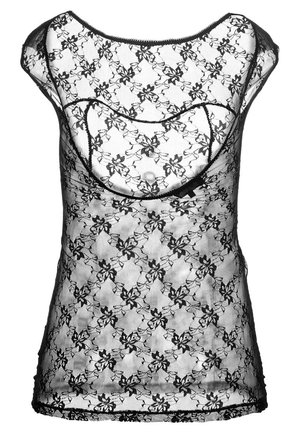 Haut sans manches en dentelle noire avec motif floral et contour bustier ajusté sur fond blanc.