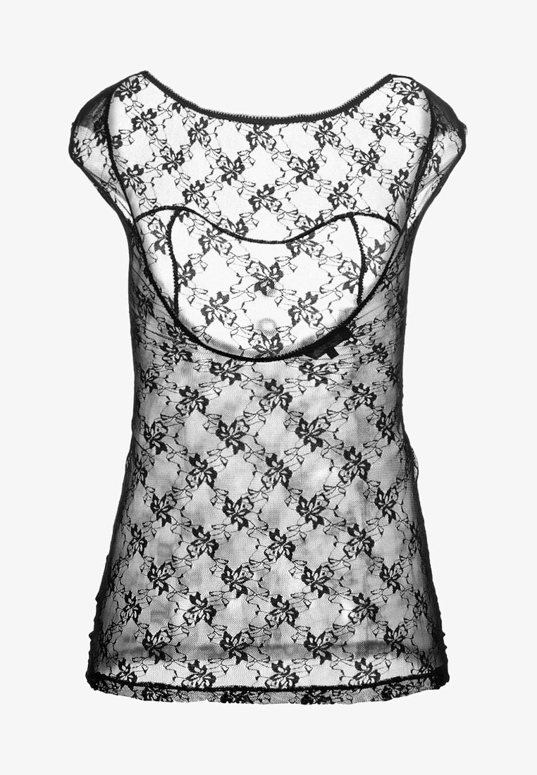 Haut sans manches en dentelle noire avec motif floral et contour bustier ajusté sur fond blanc.