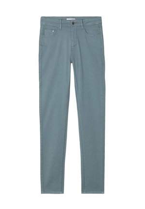 Jeans slim-fit bleu clair en tissu mélangé coton. Dotés de cinq poches et d'une fermeture à bouton en métal. Texture lisse avec des coutures minimales.