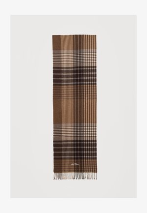 Brun og beige ternet uldhalstørklæde med frynser for enderne og subtilt broderet tekst nær den nederste kant på en ensfarvet baggrund.