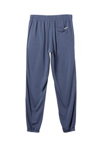 Mörkblå tapered sweatpants för män med elastisk midja, sidoficka och ankle cuffs; tillverkad av ett mjukt, slätt tyg.