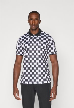 Black and white checkered polo shirt with a textured pattern, short sleeves, a black collar, and an emblem on the left chest.