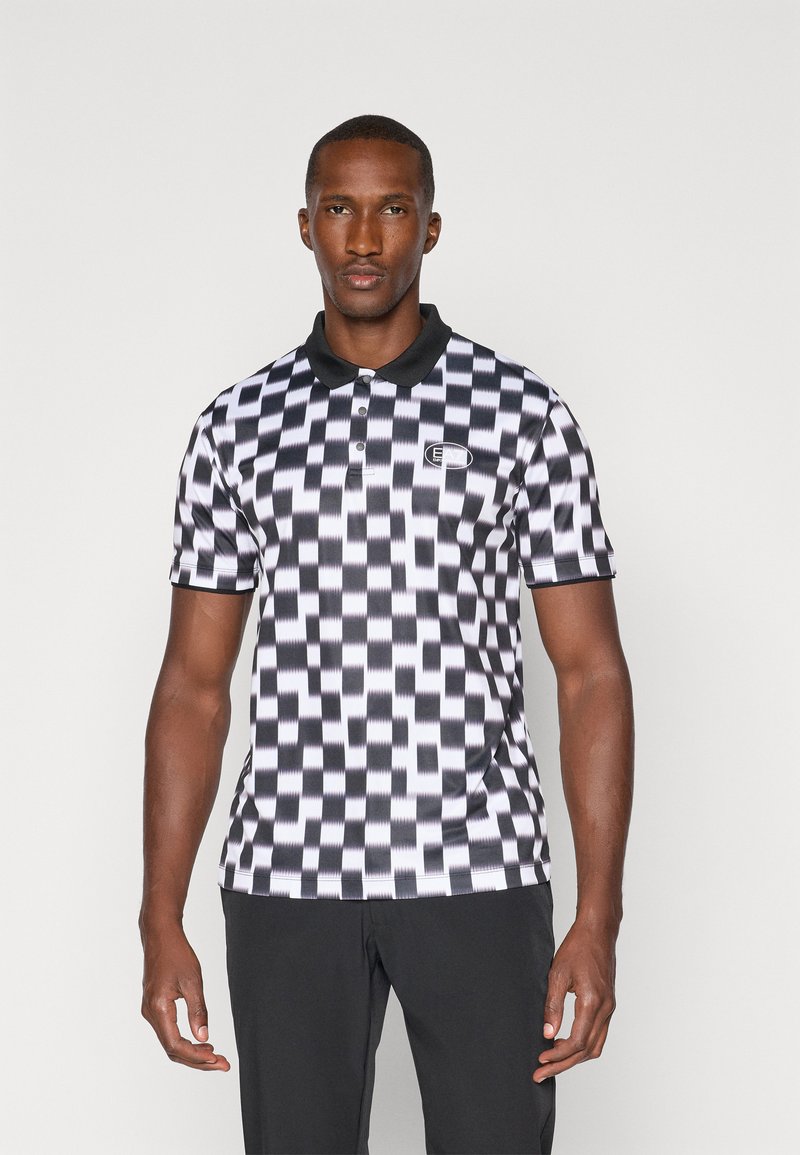 Black and white checkered polo shirt with a textured pattern, short sleeves, a black collar, and an emblem on the left chest.