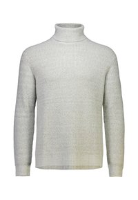 Ljusgrå polo-tröja gjord av ribbat tyg, med långa ärmar och en åtsittande design, med en slät struktur och inga synliga mönster.