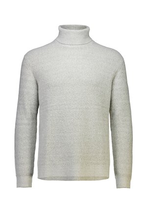 Suéter de cuello alto gris claro hecho de tela acanalada, con mangas largas y un diseño ajustado, con una textura suave y sin patrones visibles.