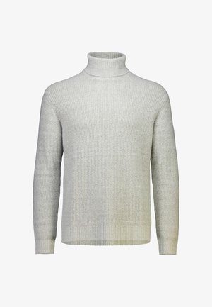 Suéter de cuello alto gris claro hecho de tela acanalada, con mangas largas y un diseño ajustado, con una textura suave y sin patrones visibles.