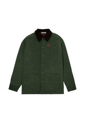 Green jacket featuring a dark brown corduroy collar, two front pockets, button closure, and embroidered logo detail. Soft texture, casual design.