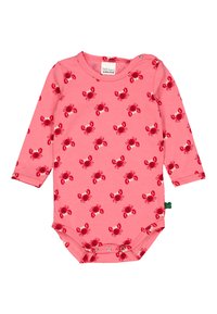 Roze langslavend bodysuit met een herhaaldelijk patroon van rode krabben. Gemaakt van zachte katoen en voorzien van drukknoopsluitingen bij de schouders en onderkant.