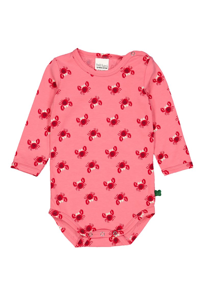 Roze langslavend bodysuit met een herhaaldelijk patroon van rode krabben. Gemaakt van zachte katoen en voorzien van drukknoopsluitingen bij de schouders en onderkant.