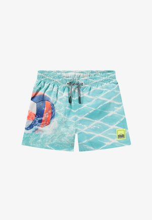 Swim trunks made of lightweight fabric, featuring a turquoise color with a water pattern and a printed volleyball design. Elastic waistband with drawstring.