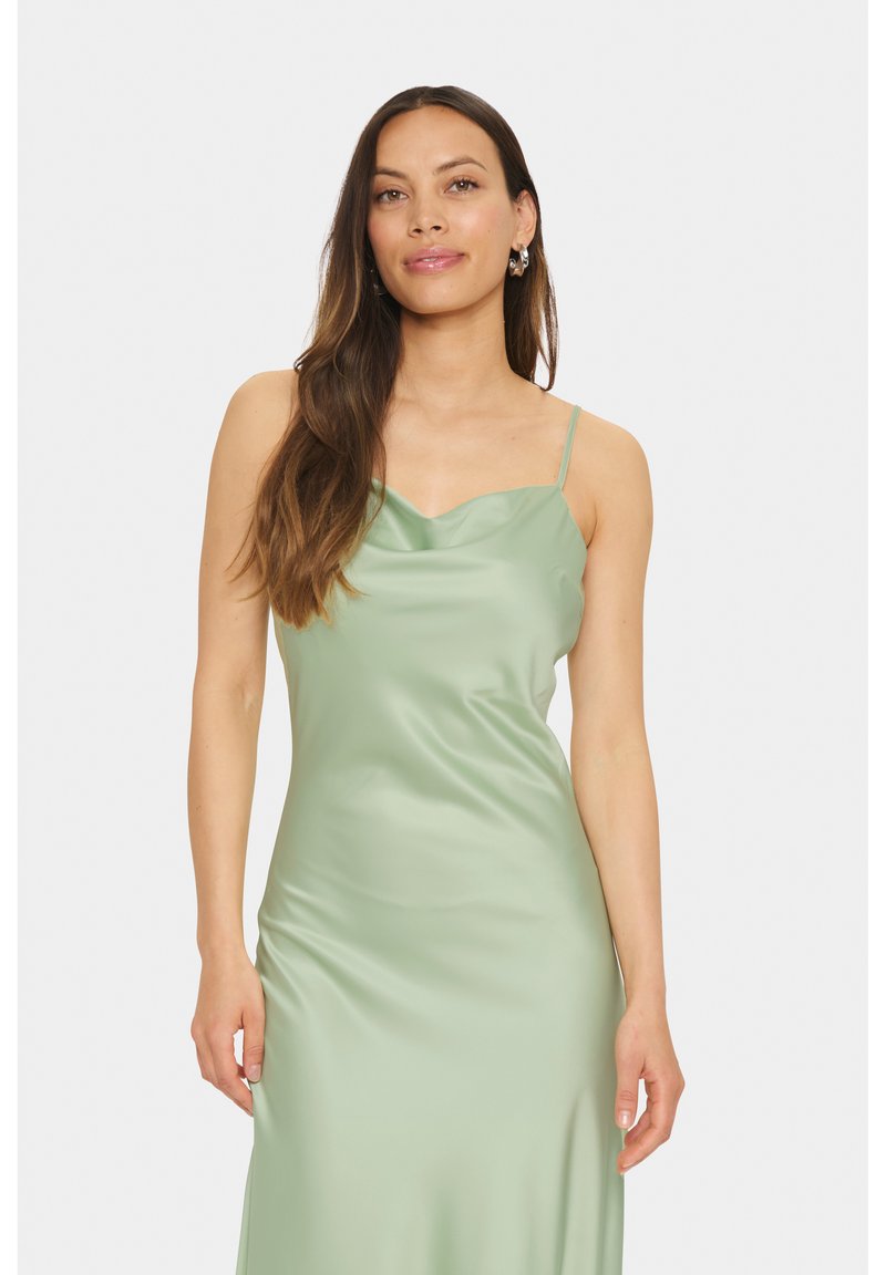 nails with sage green dress Paiva Slip Dress in Satin Kelly Green