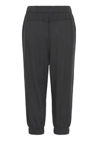 Joggers negros, ligeros, con cintura elástica y puños en los tobillos fruncidos, de textura suave. Diseño simple sin patrones ni acentos visibles.