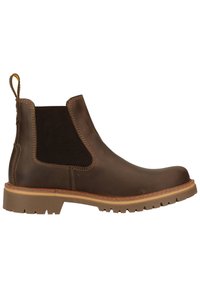 Braune Leder Chelsea-Stiefel mit einem schwarzen elastischen Seitenpanel, einer strukturierten Sohle und einer Zuglasche, mit Kontrastnähten und einer abgerundeten Zehenpartie.