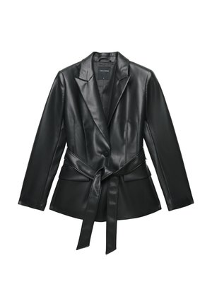 Schwarze Lederblazer mit tailliertem Schnitt, einem Knopfverschluss und Gürtelbund. Verfügt über Reverskragen und zwei Fronttaschen.