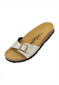 Sandalo scivoloso con texture oro e argento, accentato da una fibbia, soletta morbida marrone e suola in gomma nera per una maggiore aderenza e comfort.