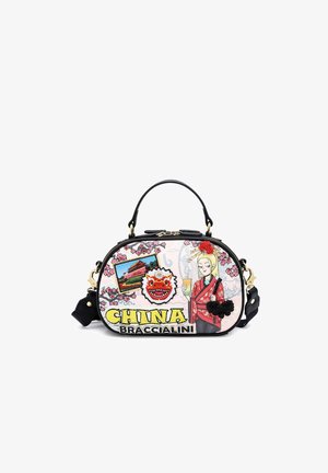 Kleine handtas met zwart handvat, kleurrijke patches met een Chinese tempel, drakengezicht, vrouw in rode kimono met bubble tea en de tekst "CHINA BRACCIALINI".
