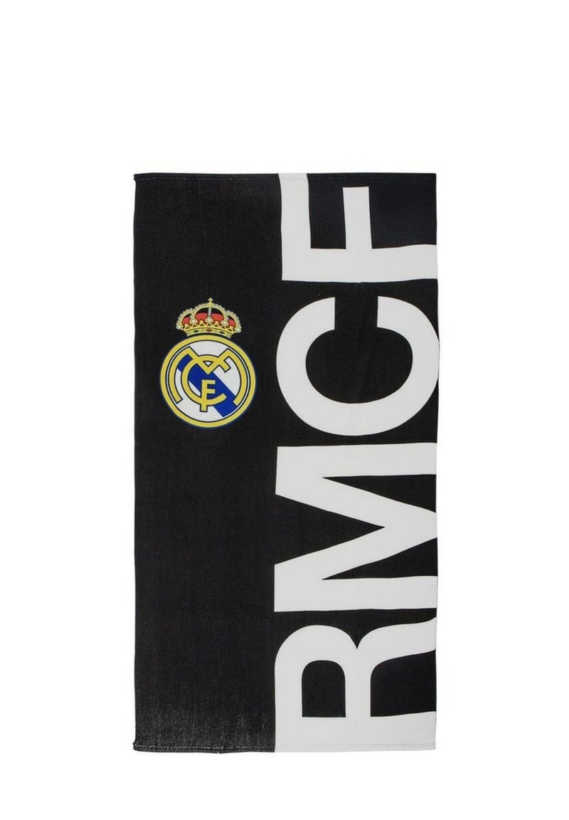Zwarte handdoek met "RMCF" in vette witte letters, voorzien van een rond, blauw en geel Real Madrid-logo met een gouden kroon aan de bovenkant.