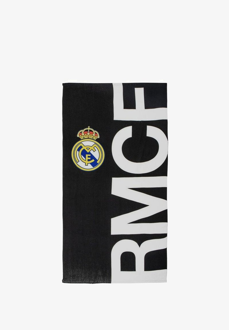 Zwarte handdoek met "RMCF" in vette witte letters, voorzien van een rond, blauw en geel Real Madrid-logo met een gouden kroon aan de bovenkant.