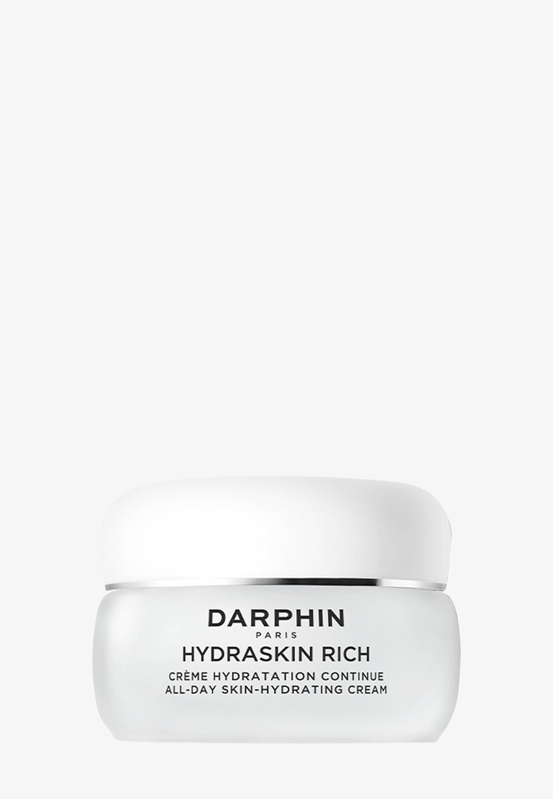 Glas mit Darphin Hydraskin Rich intensiver Hautfeuchtigkeitscreme für den ganzen Tag, mit weißem Deckel und Text auf mattiertem Glasbehälter.