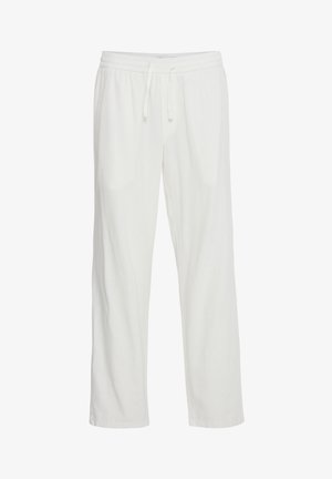 White relaxed fit pants made from lightweight fabric, featuring an elastic waistband with drawstring and side pockets.