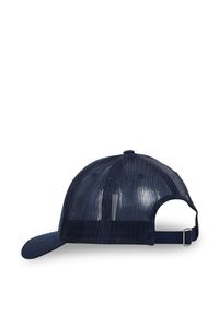Casquette bleu marine avec un dos en mesh, visière incurvée, sangle réglable et bouton sur le dessus. Dispose de trous de ventilation le long de la couronne.