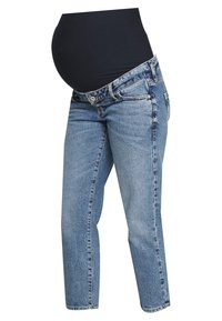 Persona embarazada que lleva unos pantalones de maternidad de color azul claro, desabrochados en la cintura, combinados con una blusa negra de tejido elástico.