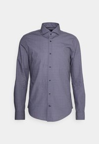 Donkerblauwe blouse met lange mouwen, voorzien van een geometrisch patroon, zwarte knopen en een klassieke kraag. Ontworpen voor een slim fit.