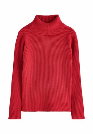 Roter, gerippter Rollkragenpullover mit langen Ärmeln, figurbetontem Schnitt und vertikalem Strickmuster, auf weißem Hintergrund dargestellt.