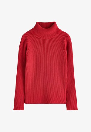 Roter, gerippter Rollkragenpullover mit langen Ärmeln, figurbetontem Schnitt und vertikalem Strickmuster, auf weißem Hintergrund dargestellt.