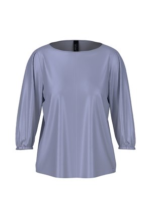 Light lavender blouse with 3/4 puff sleeves, a wide round neckline, smooth texture, and subtle stitching down the center front.