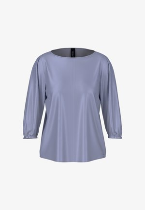 Light lavender blouse with 3/4 puff sleeves, a wide round neckline, smooth texture, and subtle stitching down the center front.