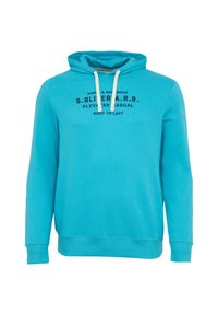 Turkusowy trener wykonany z miękkiego materiału, z kapturem na sznurki, ściągaczami przy rękawach i przednim graficznym napisem w kolorze czarnym.