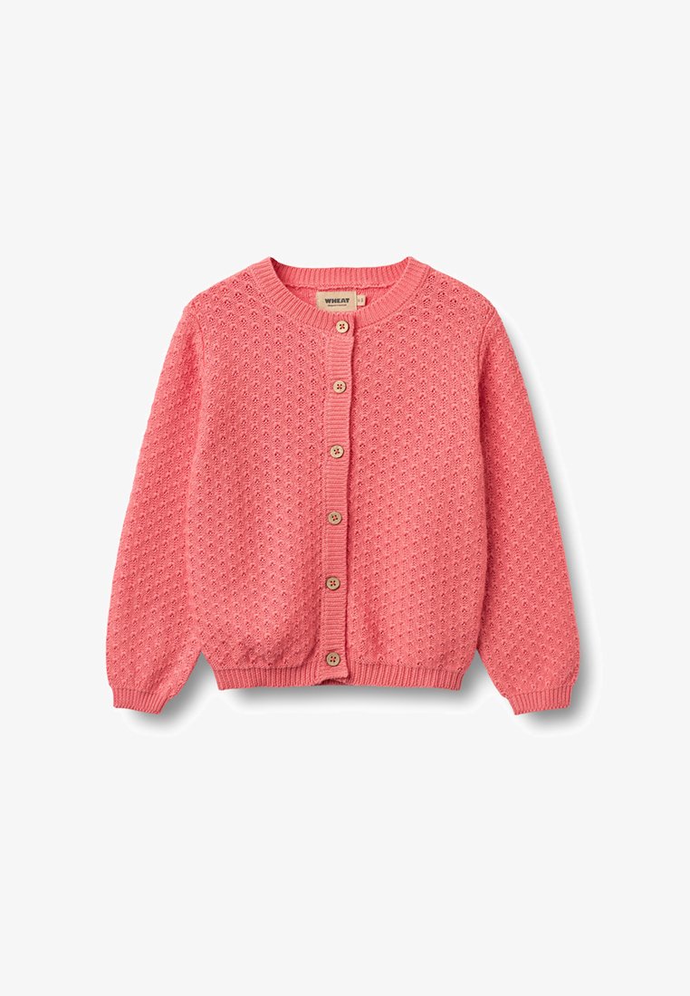 Cardigan rosa lavorato a maglia con bottoni, motivo strutturato, polsini e orlo a coste e scollo rotondo.