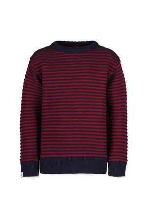 Strikket langærmet sweater med marineblå og røde striber, ribkant ved ærmer, bund og rund halsudskæring.