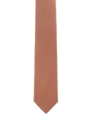 Rostfarbene Krawatte mit einem feinen Muster aus kleinen weißen Punkten, vor weißem Hintergrund präsentiert.