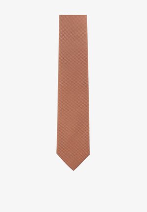 Rust-colored necktie with a fine pattern of small white dots, displayed against a white background.