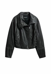 Black cropped leather jacket featuring a wide lapel, zippered front, and decorative stitching. Includes two zippered pockets for functionality.