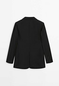 Sort blazer med skræddersyet pasform, enkelt slids bagpå, lange ærmer og fem knapdetaljer på hvert manchet. Glat stoftekstur.