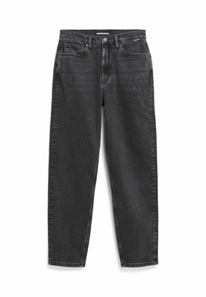 Schwarze Jeans aus Denim mit geradem Bein, Fünf-Taschen-Stil, leichter Ausbleichung und subtiler Textur. Knopf- und Reißverschluss.