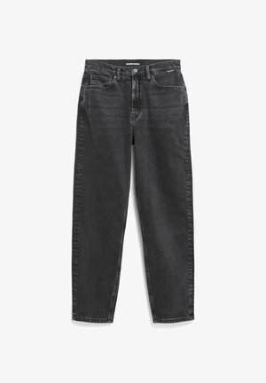 Schwarze Jeans aus Denim mit geradem Bein, Fünf-Taschen-Stil, leichter Ausbleichung und subtiler Textur. Knopf- und Reißverschluss.