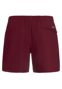 Dunkelrote Herrenshorts mit elastischem Bund und kleinem Reißverschlussfach auf der rechten Rückseite.