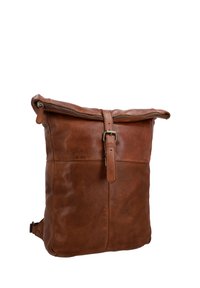 Brown leather roll-top backpack with zipper closure and front buckle strap, shown against a white background.