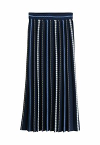 Gonna a pieghe blu navy con strisce verticali di blu, bianco e dettagli dorati. Presenta una vita aderente e una texture del tessuto fluente.