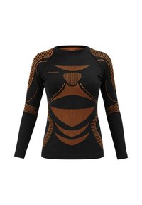 Long-sleeve black thermal top featuring orange geometric and striped patterns, textured fabric, and a crew neckline.