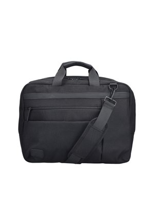 Sacoche d'ordinateur portable rectangulaire noire avec double poignées, poche avant zippée et sangle d'épaule rembourrée réglable sur fond blanc.