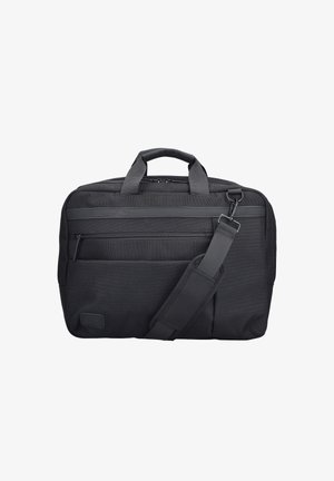 Sacoche d'ordinateur portable rectangulaire noire avec double poignées, poche avant zippée et sangle d'épaule rembourrée réglable sur fond blanc.