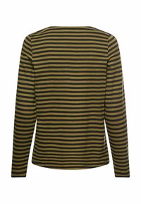 Langærmet skjorte med horisontale striber i olivengrøn og sort. Rund halsudskæring og lige kant, lavet af en blød stoftekstur.